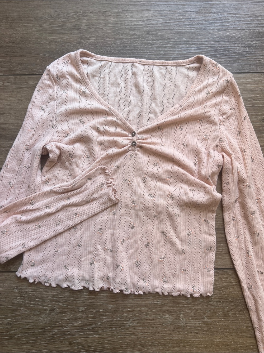 Cottagecore Pink Knit Long-Sleeve V-Neck Top